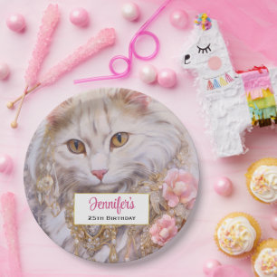 Plato De Papel Elegante gato blanco en oro y cumpleaños de diaman