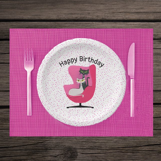 Plato De Papel elegante gato Silla rosa puntos del tema de mediad (Two elegant mid century style cats in pink chair on white with pink dots Birthday paper party plates)