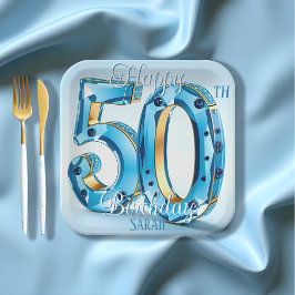 Plato De Papel Elegante Gemstone azul y oro 50 cumpleaños