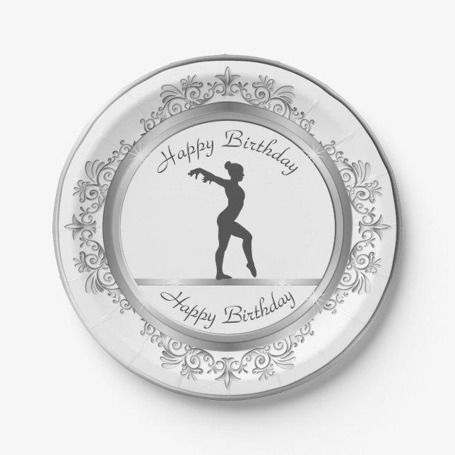 Plato De Papel Elegante Gimnasia Embellecida de Plata Cumpleaños (Anverso)