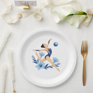 Plato De Papel Elegante gimnasta rítmica con flores azules