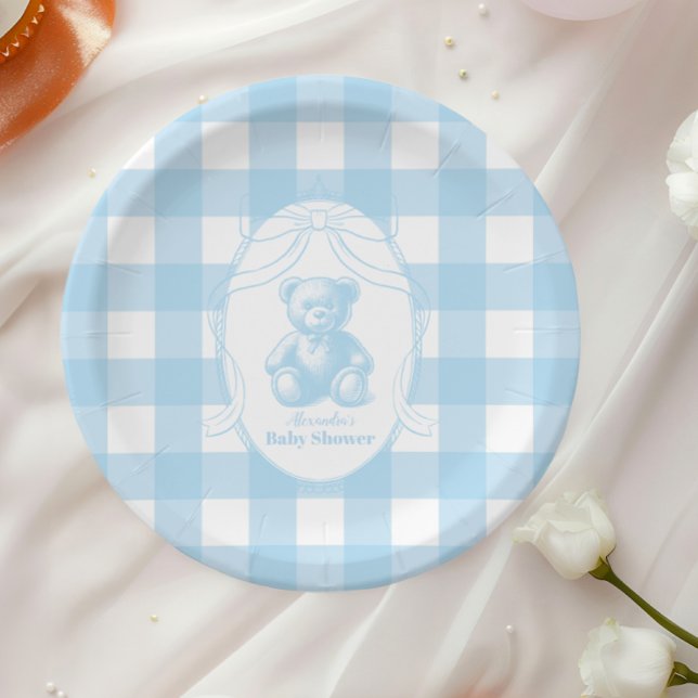 Plato De Papel Elegante Gingham French Teddy Bear Baby Shower (Subido por el creador)