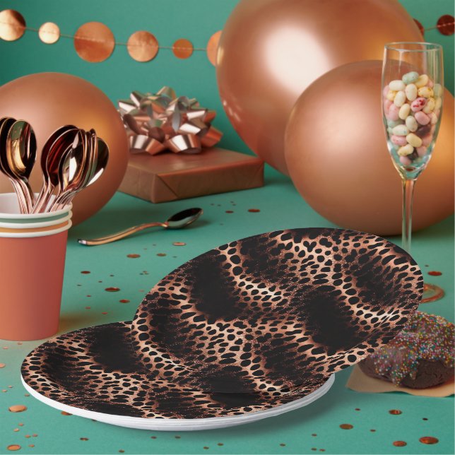Plato De Papel Elegante Glam Rosa Oro Leopardo Negro (Multi)