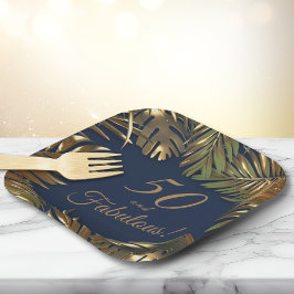 Plato De Papel Elegante Gold Blue 50 Fabuloso cumpleaños