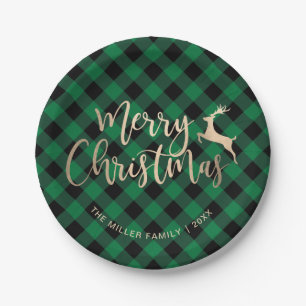 Plato De Papel Elegante Gold Feliz Navidad Negro y Verde Placa
