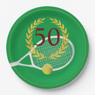 Plato De Papel Elegante Gold Green Tennis 50 cumpleaños