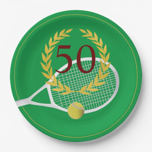 Plato De Papel Elegante Gold Green Tennis 50 cumpleaños (Anverso)