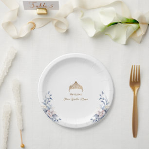 Plato De Papel Elegante Gold Tiara Blue Floral Quinceañera