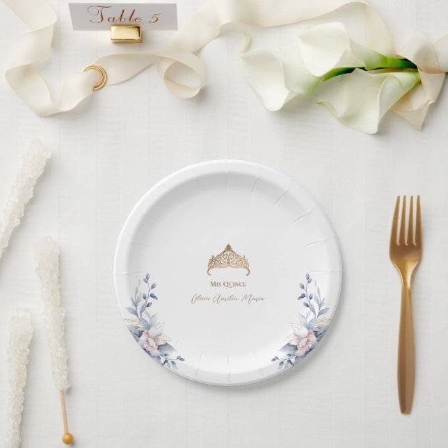 Plato De Papel Elegante Gold Tiara Blue Floral Quinceañera (Boda)
