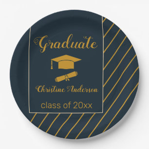 Plato De Papel elegante gorra de graduado de oro azul marino simp
