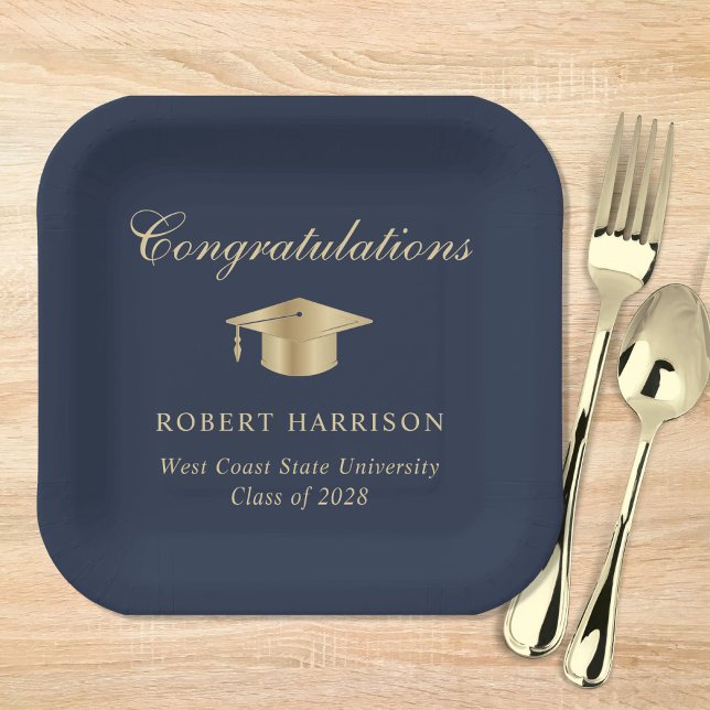 Plato De Papel Elegante Grad Cap Blue Gold Graduation Party (Subido por el creador)