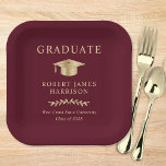 Plato De Papel Elegante Grad Cap Burgundy Gold Graduation Party<br><div class="desc">Elegantes placas de papel rojo burdeos de la graduación con una gorra de graduación dorada,  "Graduado" y el nombre del graduado,  la escuela y el curso de clase en la tipografía clásica de los serif.</div>