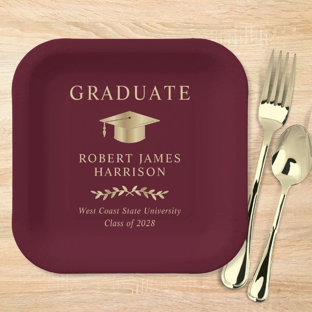 Plato De Papel Elegante Grad Cap Burgundy Gold Graduation Party (Subido por el creador)