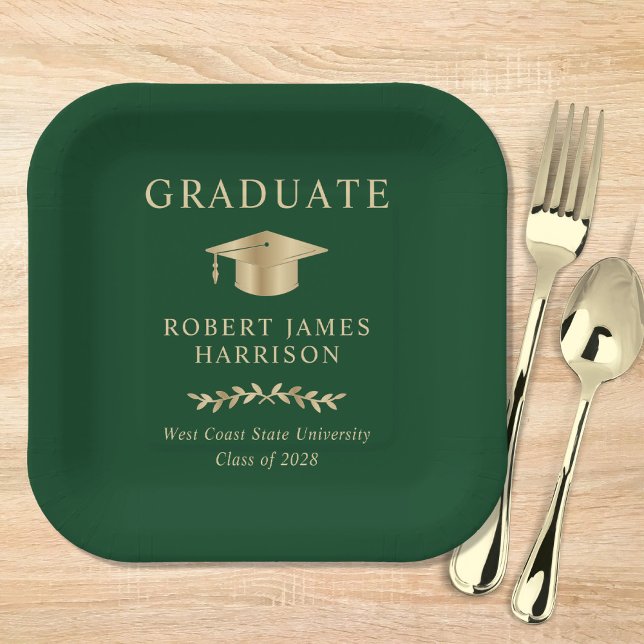Plato De Papel Elegante Grad Cap Green Gold Graduation Party (Subido por el creador)