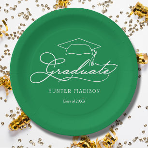 Plato De Papel Elegante Grad Cap Green Graduation Plates