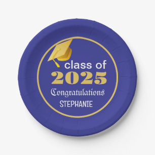 Plato De Papel Elegante Graduación 2025 Blue Gold Personalizada