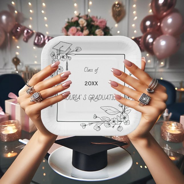 Plato De Papel Elegante Graduación Borde floral blanco y negro (Subido por el creador)