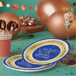 Plato De Papel Elegante Graduación Monograma Relieve metalizado d