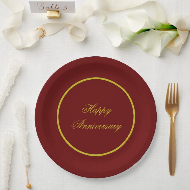 Plato de papel elegante granate y dorado (Boda)