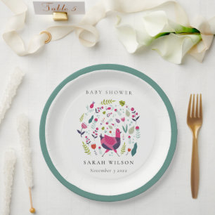 Plato De Papel Elegante Granja Folk Floral Birdie Baby Shower