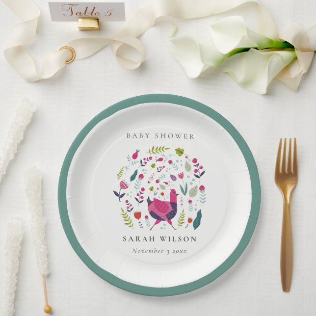 Plato De Papel Elegante Granja Folk Floral Birdie Baby Shower (Boda)