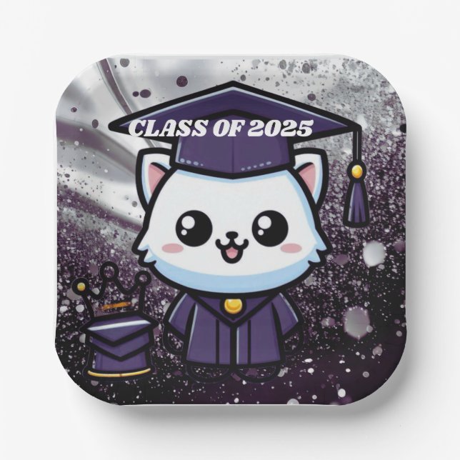 Plato De Papel Elegante Gratuación Kitty Purple Gown Balloon (Anverso)