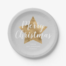 Plato De Papel Elegante Gray Gold Star Feliz Navidad
