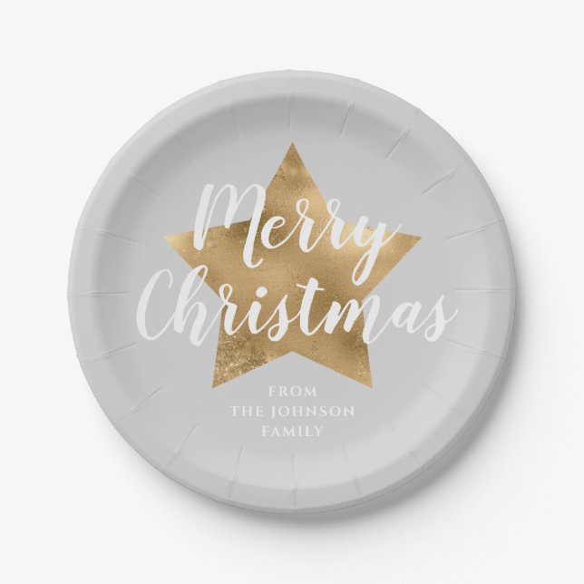 Plato De Papel Elegante Gray Gold Star Feliz Navidad (Anverso)