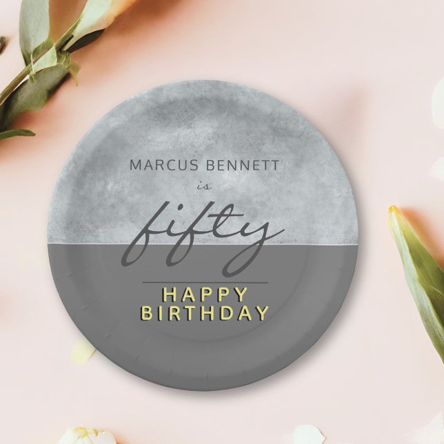Plato De Papel Elegante Gray Script Man 50 cumpleaños (Subido por el creador)