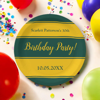 Plato De Papel Elegante Green And Gold Stripes Cumpleaños Moderno