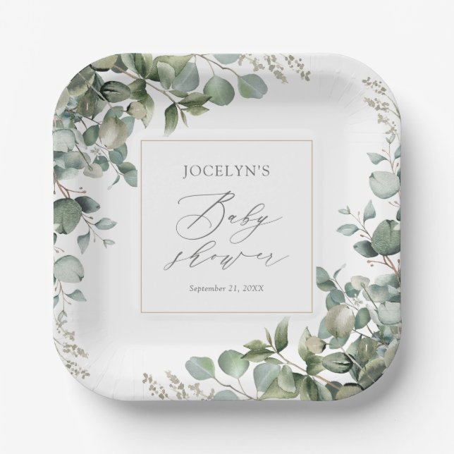 Plato De Papel Elegante Greenery Eucalyptus Baby Shower (Anverso)