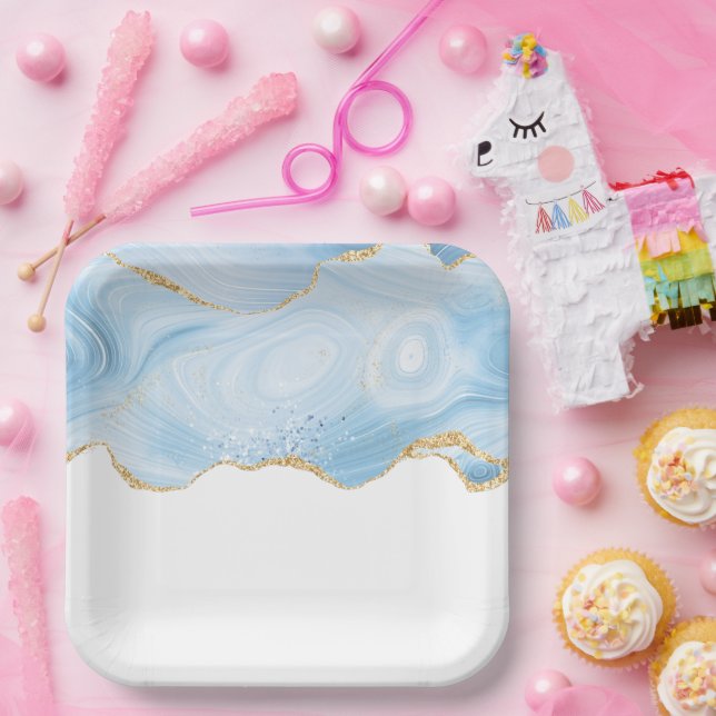 Plato De Papel Elegante Guay Blue Agate y Gold Purpurina Ribbon (Fiesta)