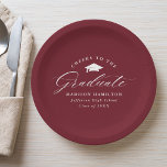 Plato De Papel Elegante guión de Borgoña vitorea al graduado<br><div class="desc">Elegantes placas de papel para graduación con una gorra de graduación con la frase "Saludos al graduado" en un guión de caligrafía blanca sobre fondo de color burdeos. Personalice las placas modernas de papel para graduación con el nombre del graduado, el nombre de la escuela y el año de graduación....</div>