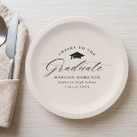 Plato De Papel Elegante guión de crema vitorea al graduado<br><div class="desc">Elegantes platos de papel para graduación con una gorra de graduación con la frase "Saludos al graduado" en un guión de caligrafía negra en un fondo crema. Personalice las placas modernas de papel para graduación con el nombre del graduado, el nombre de la escuela y el año de graduación. Las...</div>