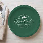 Plato De Papel Elegante guión de vientos verdes para el graduado<br><div class="desc">Elegantes platos de papel para graduación con una gorra de graduación con la frase "Saludos al graduado" en un guión de caligrafía blanca sobre un fondo verde. Personalice las placas modernas de papel para graduación con el nombre del graduado, el nombre de la escuela y el año de graduación. Las...</div>