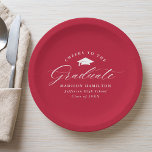 Plato De Papel Elegante guión de vitoreo rojo al graduado<br><div class="desc">Elegantes platos de papel para graduación con una gorra de graduación con la frase "Saludos al graduado" en un guión de caligrafía blanca sobre un fondo rojo. Personalice las placas modernas de papel para graduación con el nombre del graduado, el nombre de la escuela y el año de graduación. Las...</div>