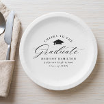 Plato De Papel Elegante guión negro saluda al graduado<br><div class="desc">Elegantes platos de papel para graduación con una gorra de graduación con la frase "Saludos al graduado" en un guión de caligrafía negra con fondo blanco. Personalice las placas modernas de papel para graduación con el nombre del graduado, el nombre de la escuela y el año de graduación. Las simples...</div>