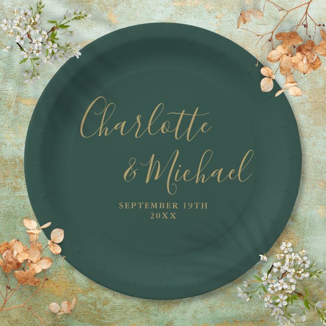 Plato De Papel Elegante Guión Verde Esmeralda Y Boda De Oro (Elegant Script Emerald Green And Gold Wedding Paper Plates)