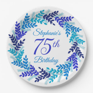 Plato De Papel Elegante guirnalda azul 75 cumpleaños