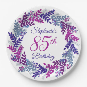 Plato De Papel Elegante guirnalda rosa morada 85 cumpleaños