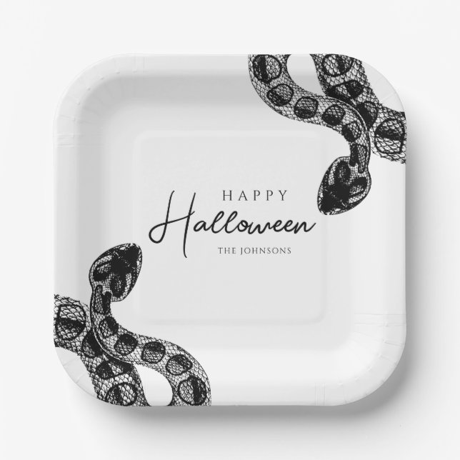 Plato De Papel Elegante Halloween De Serpientes Blancas Y Negras (Anverso)