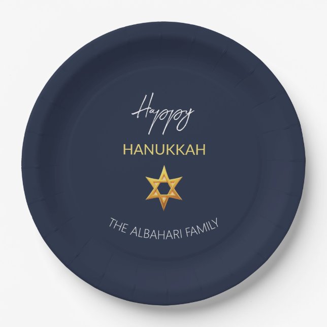 Plato De Papel Elegante Happy Hanukkah Golden David Star (Anverso)