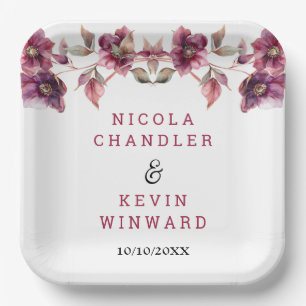 Plato De Papel Elegante Hellebore Floral Burgundy Boda de Inviern