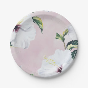 Plato De Papel Elegante hibiscus blanco sobre fondo rosa suave