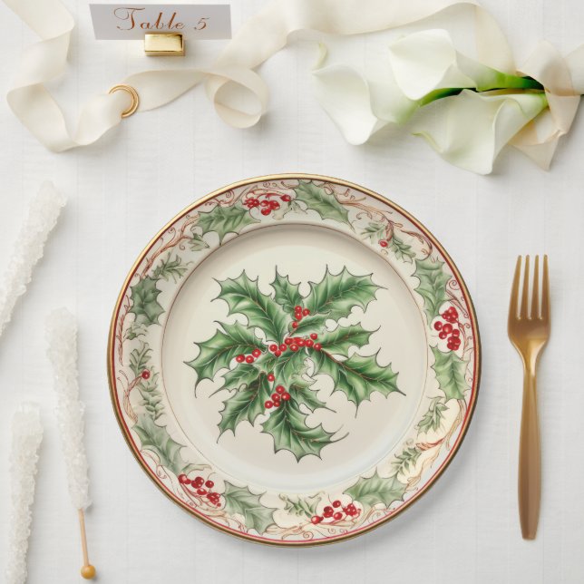Plato De Papel Elegante Holiday Holly (Boda)