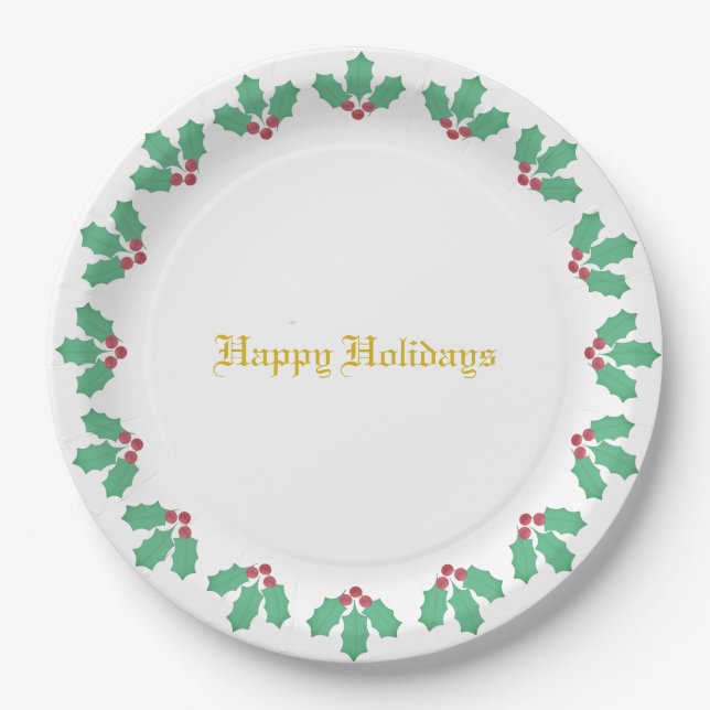 Plato De Papel Elegante Holly Berry Wreath (Anverso)