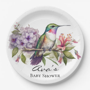 Plato De Papel Elegante Hummingbird Chica Morado Floral Baby Show