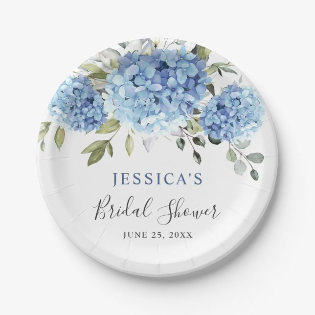 Plato De Papel Elegante Hydrangea Azul Eucalyptus Ducha Bridal (Anverso)
