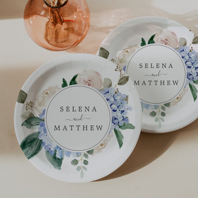 Plato De Papel Elegante Hydrangea Azul | Pastel de Boda blanco (Subido por el creador)