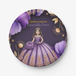Plato De Papel Elegante Ilustracion Chica Purple Quinceañera